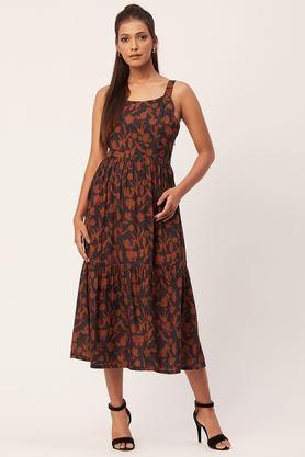 floral viscose square neck women's midi dress - rust