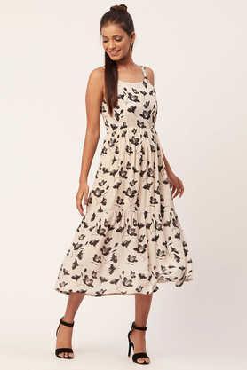 floral viscose square neck women's midi dress - white