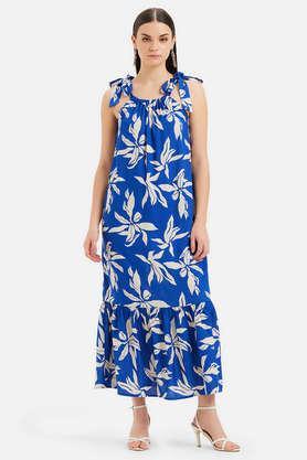floral viscose tapered fit women's maxi dress - blue