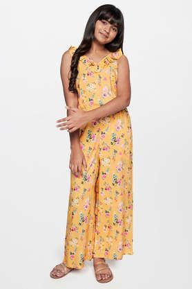 floral viscose v-neck girls casual wear jumpsuit - yellow mix
