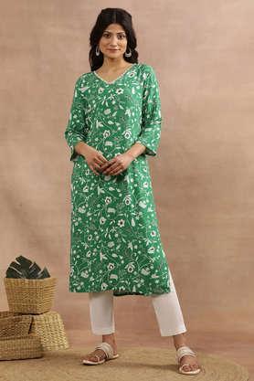 floral viscose v-neck women's casual wear kurta - green