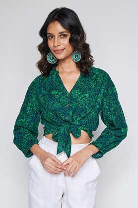 floral viscose v-neck women's top - green