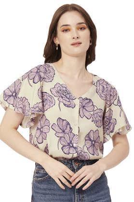 floral viscose v neck women's top - purple