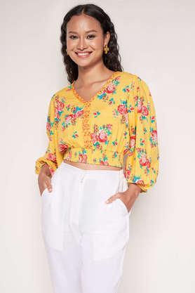 floral viscose v neck women's top - yellow