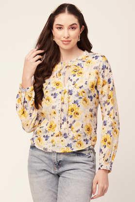 floral viscose v neck women's top - yellow