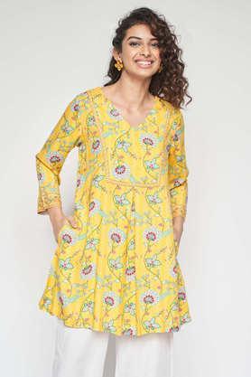 floral viscose v-neck women's tunic - yellow