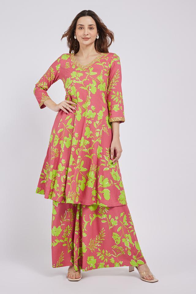 floral viscose v-neck womens casual wear kurta set