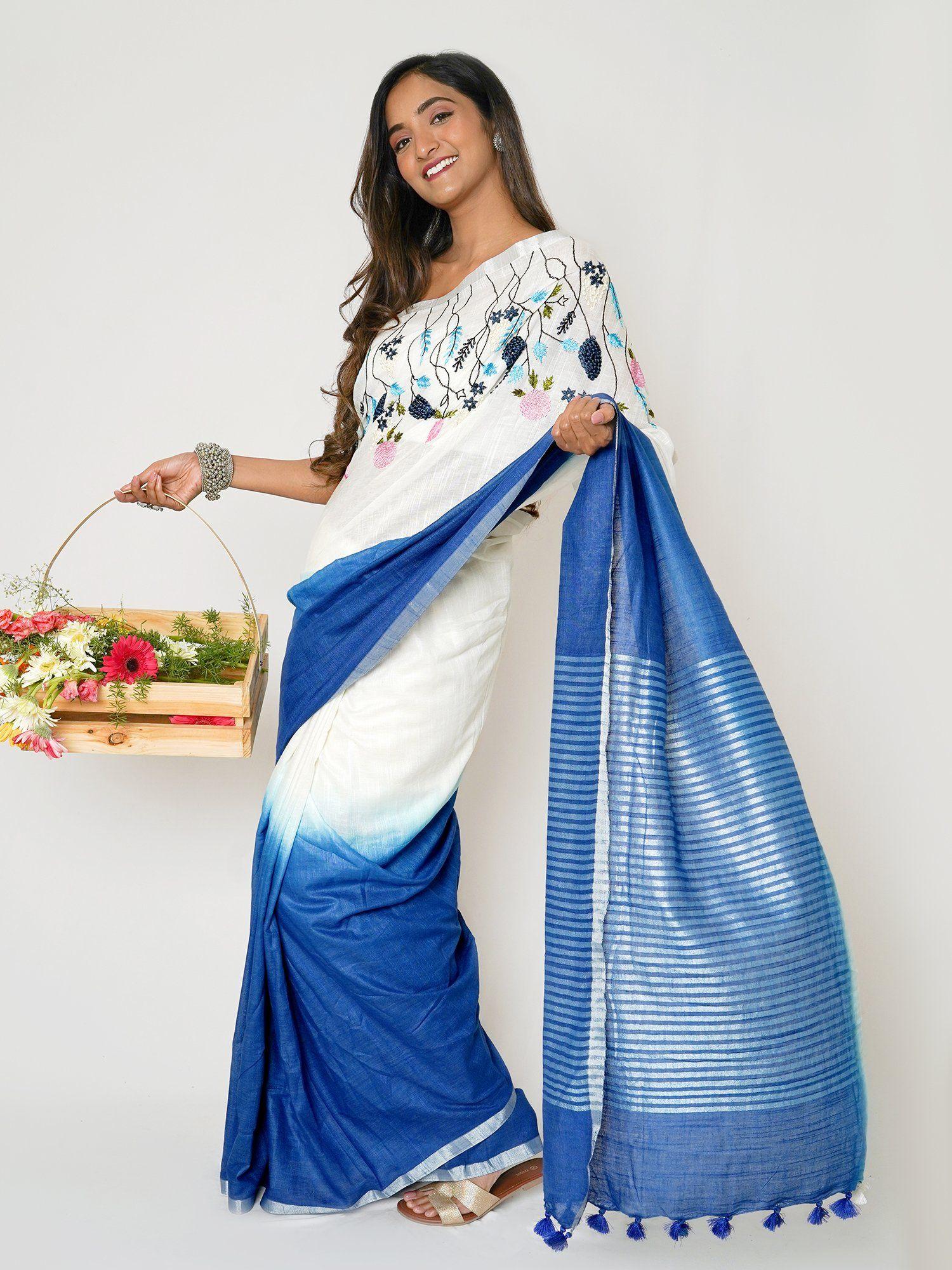 floral wave blue & white linen saree with unstitched blouse