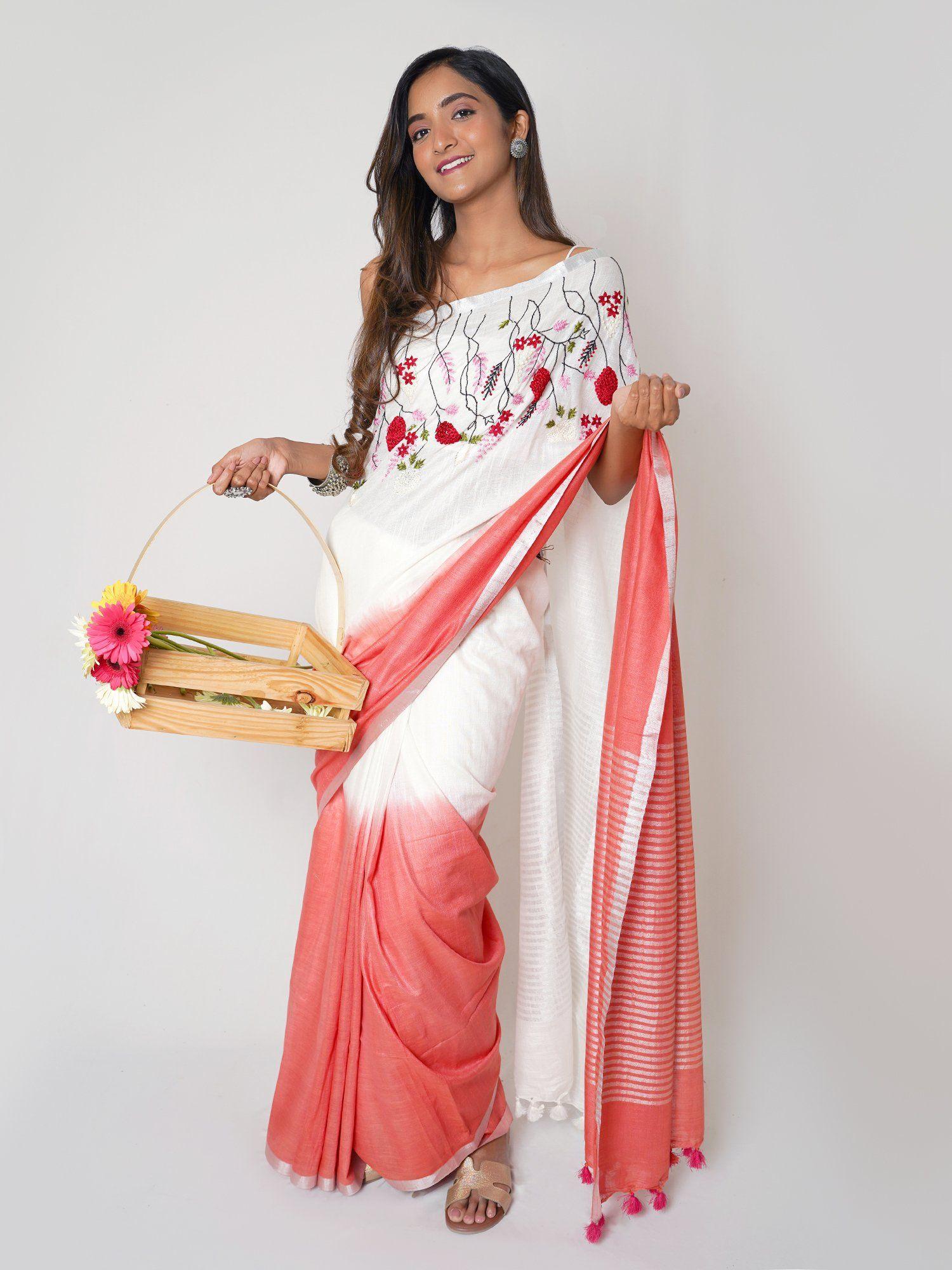 floral wave red & white linen saree with unstitched blouse