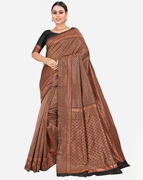 floral woven banarasi saree with contrast border