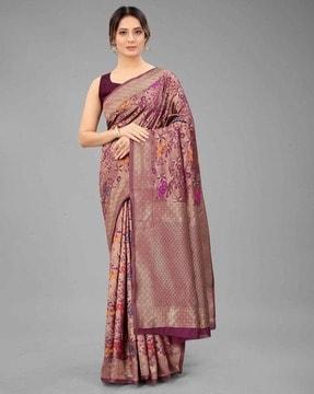 floral woven banarasi saree with contrast border