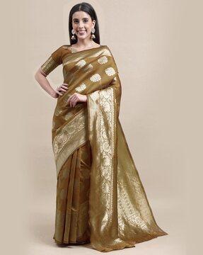 floral woven banarasi saree with contrast border