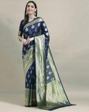 floral woven banarasi saree with contrast border