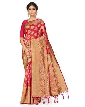 floral woven banarasi saree with contrast border