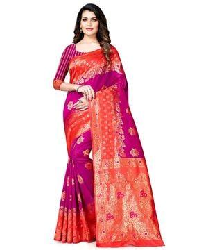 floral woven banarasi saree with contrast border