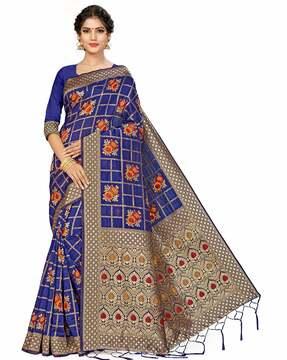 floral woven banarasi saree with contrast border