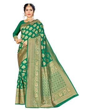 floral woven banarasi saree with contrast border