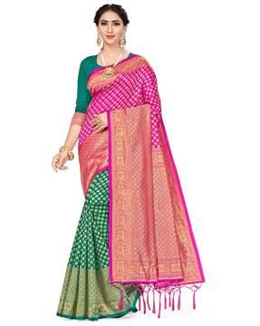 floral woven banarasi saree with contrast border