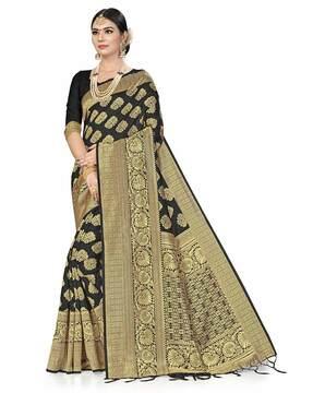 floral woven banarasi saree with contrast border