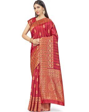 floral woven banarasi saree with contrast border