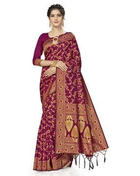 floral woven banarasi saree with contrast border