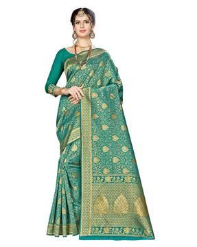 floral woven banarasi saree with contrast border