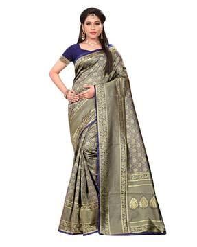 floral woven banarasi saree with contrast border