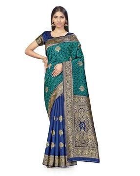 floral woven banarasi saree with contrast border