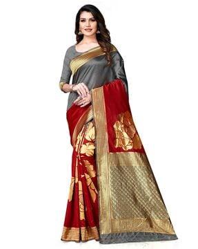 floral woven banarasi saree with contrast border