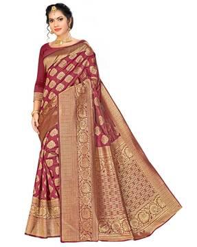 floral woven banarasi saree with contrast border