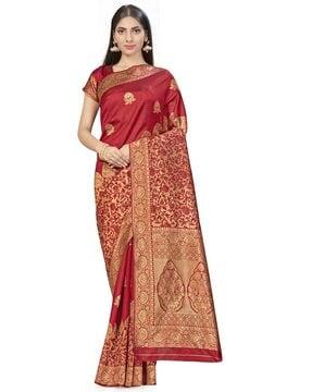 floral woven banarasi saree with contrast border