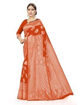 floral woven banarasi saree with contrast border