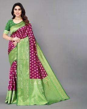 floral woven banarasi saree with contrast border