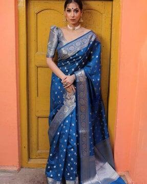 floral woven banarasi saree with contrast border