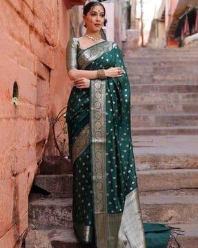 floral woven banarasi saree with contrast border