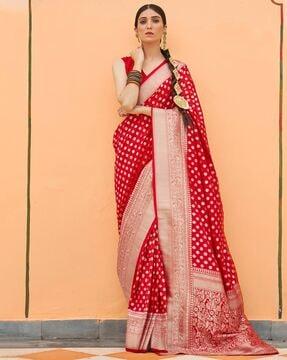 floral woven banarasi saree with contrast border