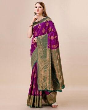 floral woven banarasi saree with contrast border