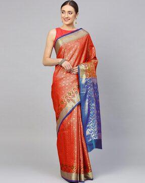 floral woven banarasi saree with contrast border