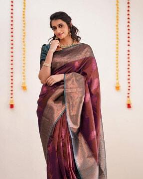 floral woven banarasi saree with contrast border