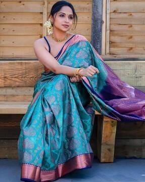 floral woven banarasi saree with contrast border