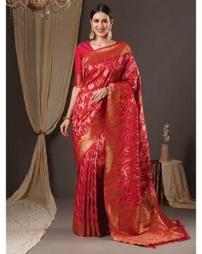 floral woven banarasi saree with contrast border