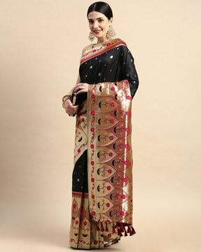 floral woven banarasi saree with contrast border