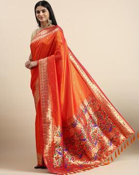 floral woven banarasi saree with contrast border