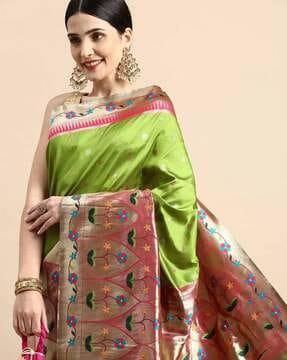 floral woven banarasi saree with contrast border