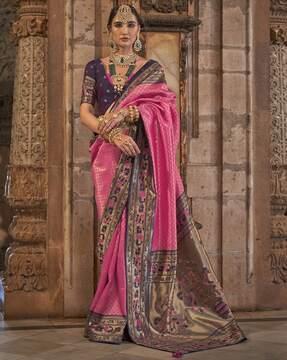 floral woven banarasi saree with contrast border