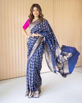 floral woven banarasi saree with contrast border