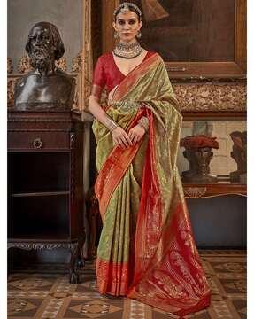 floral woven banarasi saree with contrast border