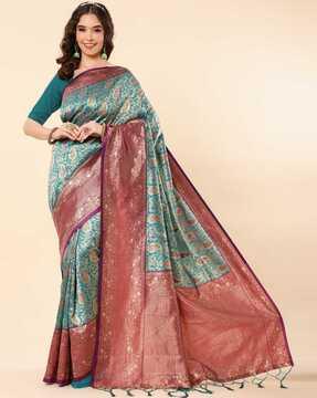 floral woven banarasi saree with contrast border