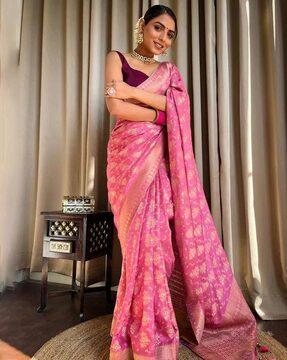 floral woven banarasi saree with contrast border