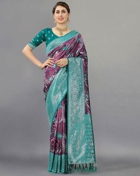 floral woven banarasi saree with contrast border